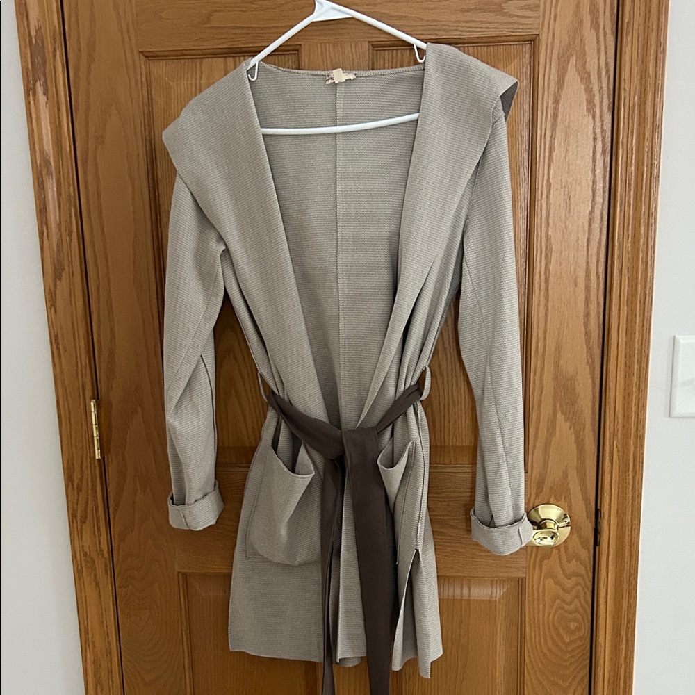 Hem & Thread Beige Knit Cardigan with Brown Accents
